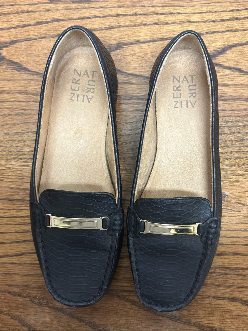 Naturalizer Black Leather Loafers with Gold Hardware